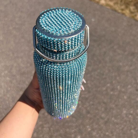 Blue Rhinestone Water Bottle with Clear Crystal & Silver Detachable Chain - Picture 3 of 3
